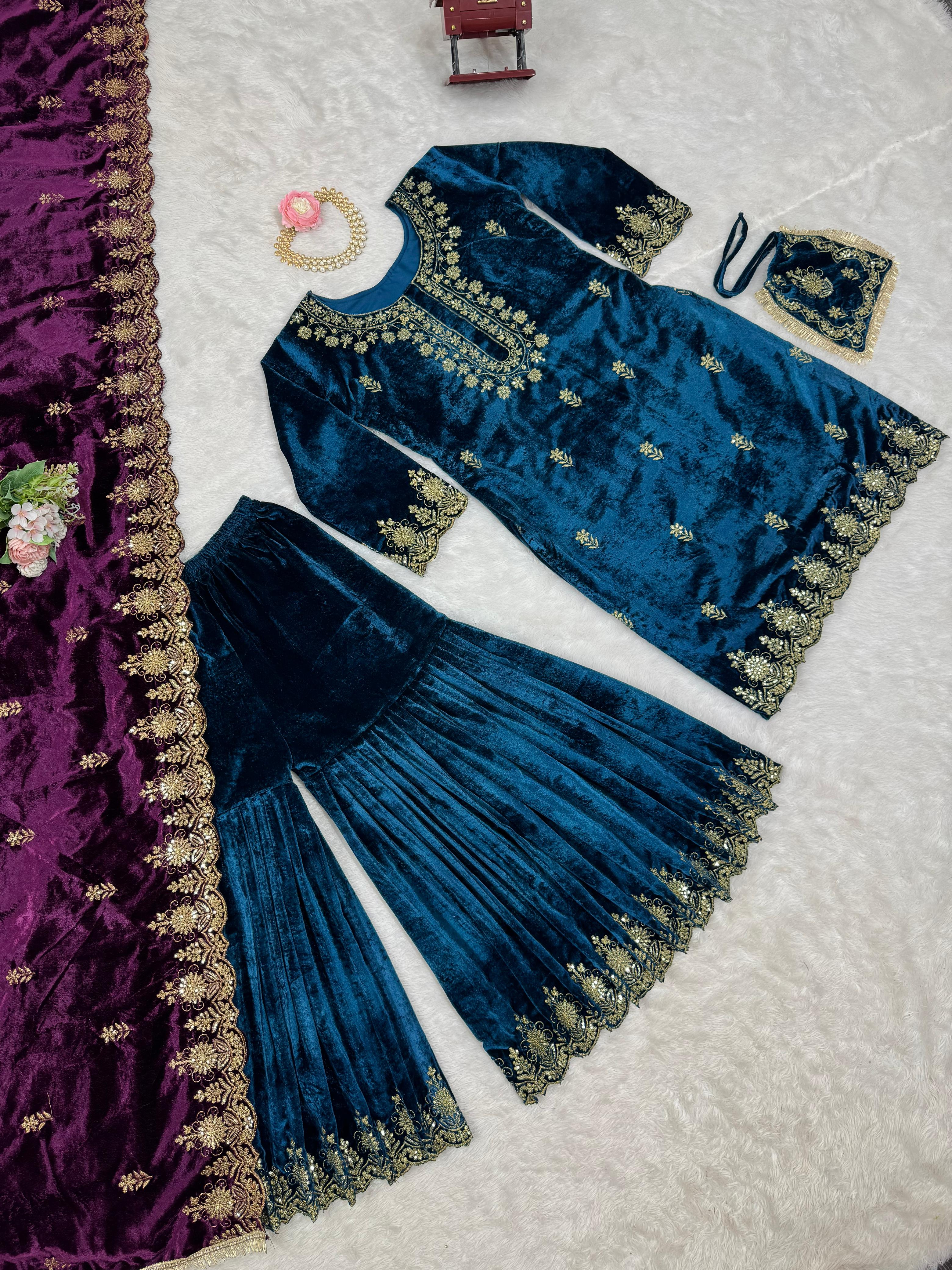 Wedding Wear Sky Blue Color Viscos Velvet And Thread With Sequence Work Designer Sharara Suit