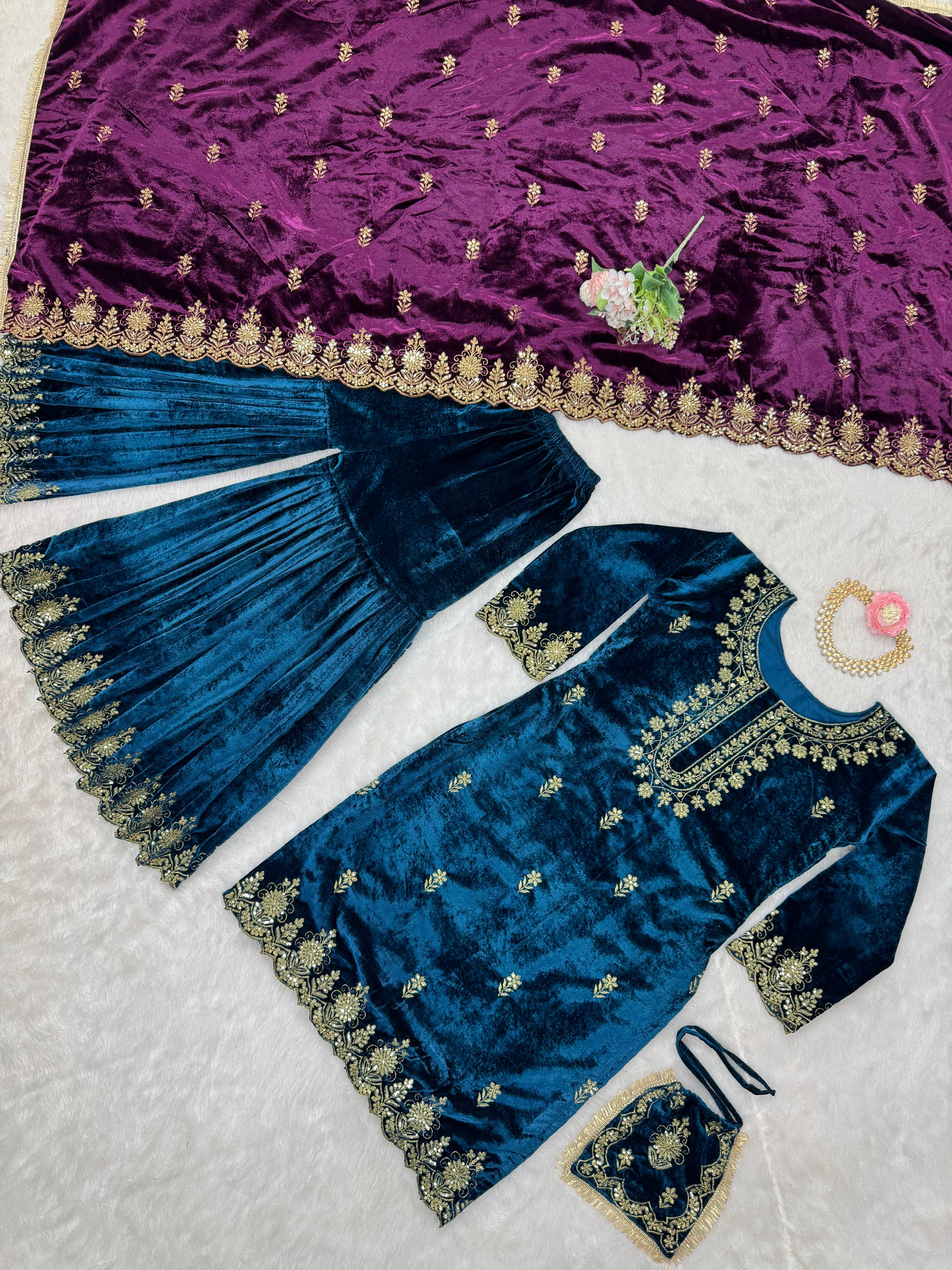 Wedding Wear Sky Blue Color Viscos Velvet And Thread With Sequence Work Designer Sharara Suit