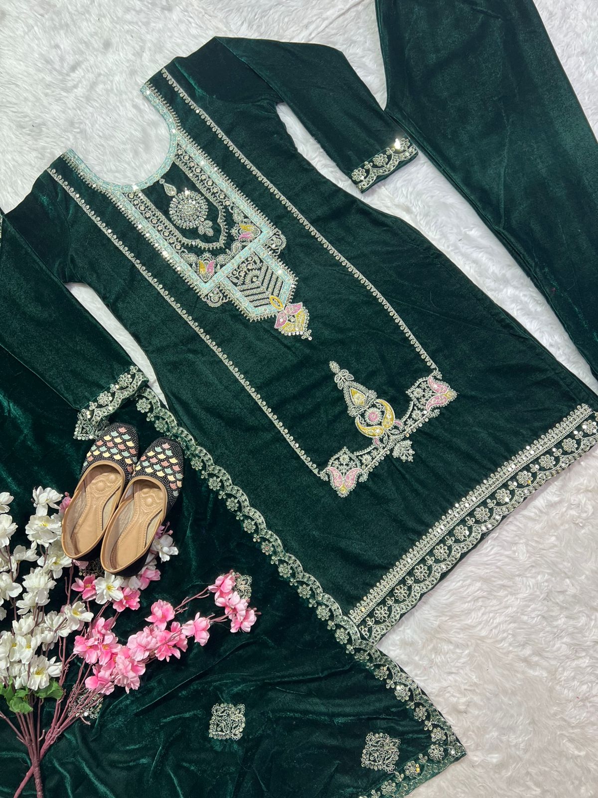 Party Wear Green Color Pure Heavy Viscous Velvet With Heavy Embroidery Coding Sequence Work Salwar Suit