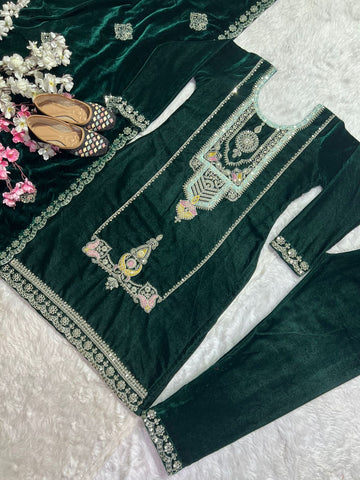 Party Wear Green Color Pure Heavy Viscous Velvet With Heavy Embroidery Coding Sequence Work Salwar Suit