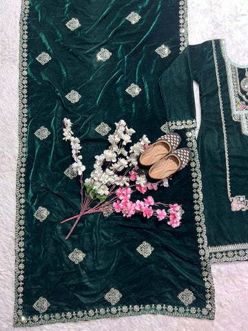 Party Wear Green Color Pure Heavy Viscous Velvet With Heavy Embroidery Coding Sequence Work Salwar Suit