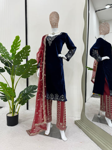 Ceremony Wear Navy Blue Color Viscos Velvet Thread With Sequence Work Salwar Suit