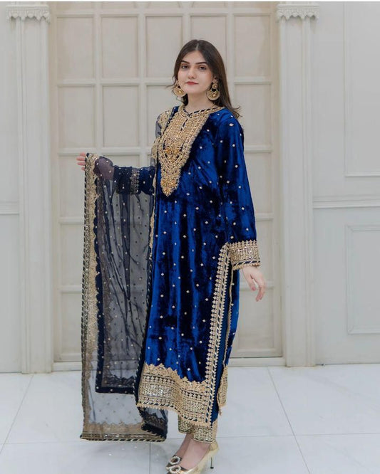 Wedding Wear Navy Blue Color Pure Heavy Viscose Velvet With Heavy Embroidery Sequence Work Neck Moti Work Salwar Suit