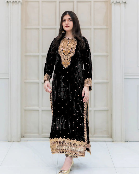 Wedding Wear Black Color Pure Heavy Viscose Velvet With Heavy Embroidery Sequence Work Neck Moti Work Salwar Suit
