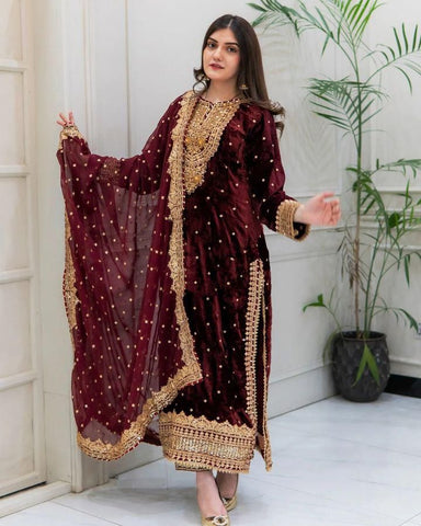 Wedding Wear Maroon Color Pure Heavy Viscose Velvet With Heavy Embroidery Sequence Work Neck Moti Work Salwar Suit