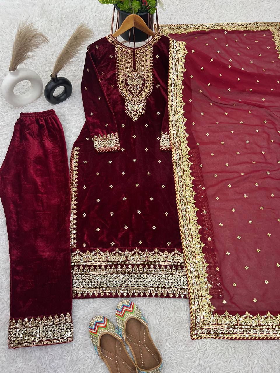 Wedding Wear Maroon Color Pure Heavy Viscose Velvet With Heavy Embroidery Sequence Work Neck Moti Work Salwar Suit
