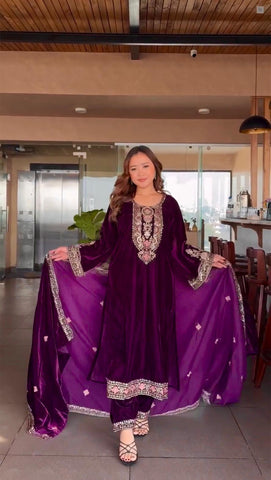 Function Wear Purple Color Pure Heavy Viscous Velvet With Heavy Embroidery Multi Needle Sequence Work Anarkali Suit