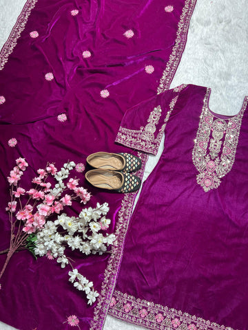 Function Wear Purple Color Pure Heavy Viscous Velvet With Heavy Embroidery Multi Needle Sequence Work Anarkali Suit