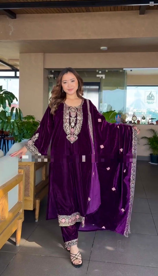 Glorious Purple Color Heavy Viscose Velvet With Heavy Embroidery Sequence Work Velvet Salwar Suit