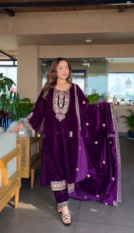 Glorious Purple Color Heavy Viscose Velvet With Heavy Embroidery Sequence Work Velvet Salwar Suit