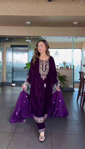 Glorious Purple Color Heavy Viscose Velvet With Heavy Embroidery Sequence Work Velvet Salwar Suit