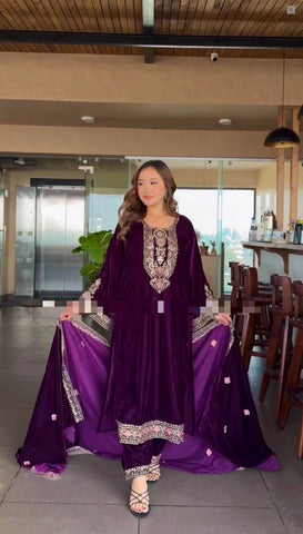 Glorious Purple Color Heavy Viscose Velvet With Heavy Embroidery Sequence Work Velvet Salwar Suit