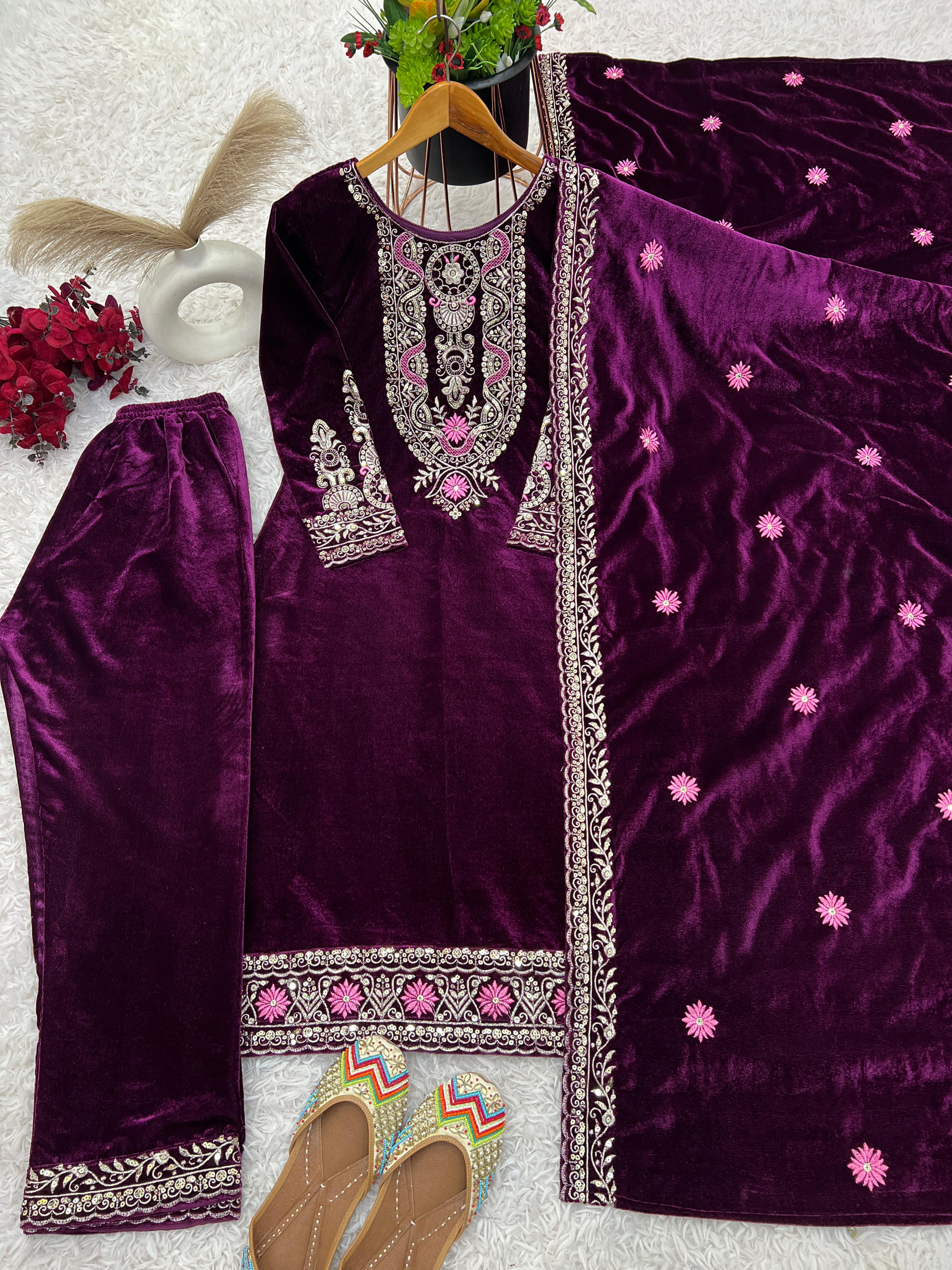 Glorious Purple Color Heavy Viscose Velvet With Heavy Embroidery Sequence Work Velvet Salwar Suit