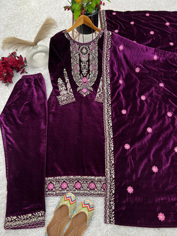 Glorious Purple Color Heavy Viscose Velvet With Heavy Embroidery Sequence Work Velvet Salwar Suit