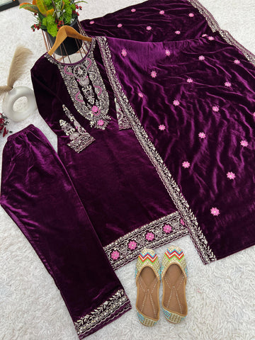 Glorious Purple Color Heavy Viscose Velvet With Heavy Embroidery Sequence Work Velvet Salwar Suit