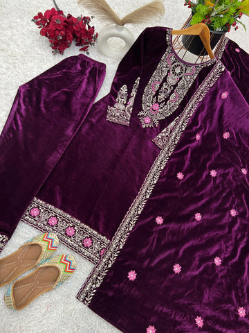 Glorious Purple Color Heavy Viscose Velvet With Heavy Embroidery Sequence Work Velvet Salwar Suit