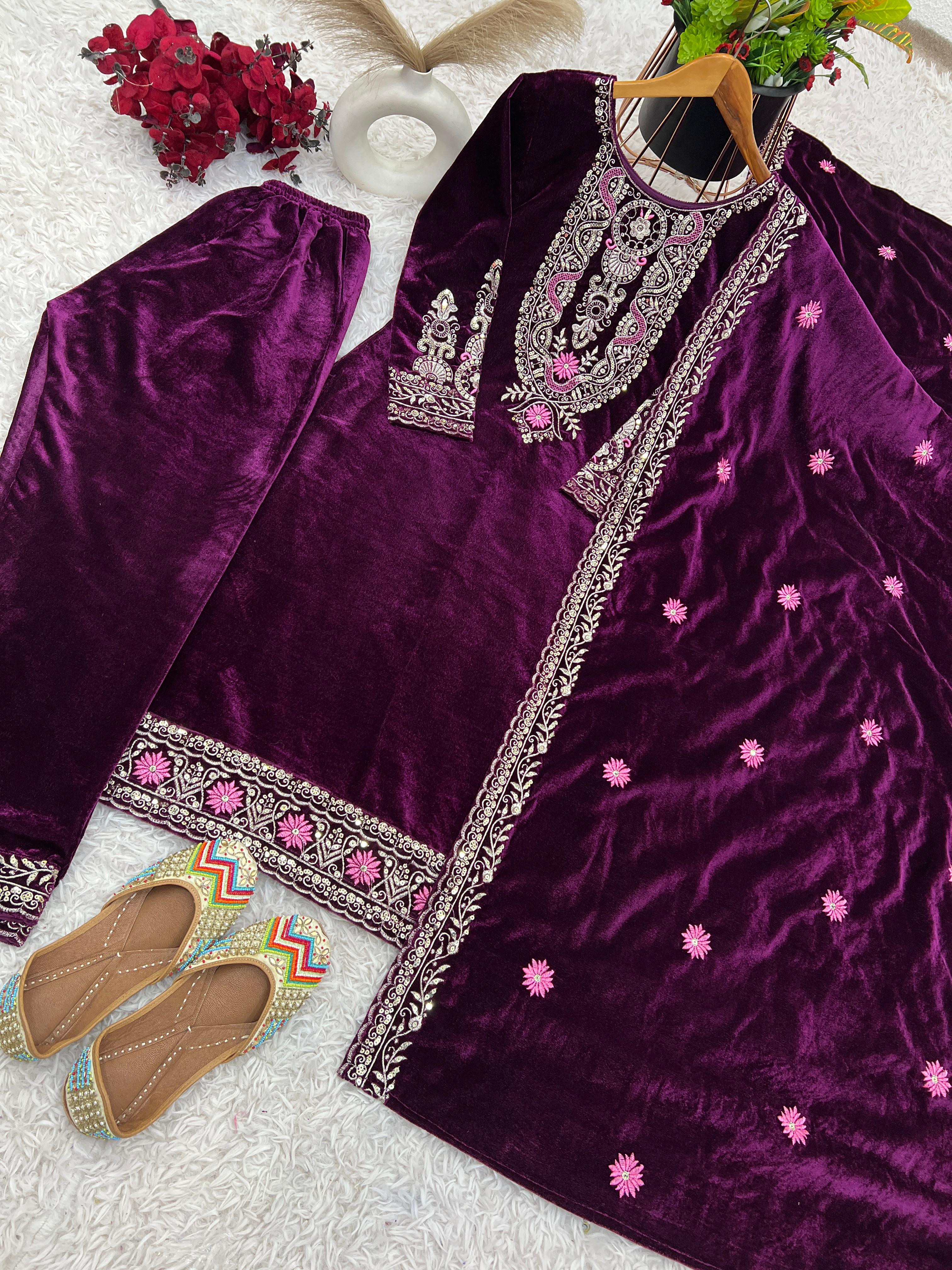 Glorious Purple Color Heavy Viscose Velvet With Heavy Embroidery Sequence Work Velvet Salwar Suit