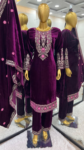 Glorious Purple Color Heavy Viscose Velvet With Heavy Embroidery Sequence Work Velvet Salwar Suit