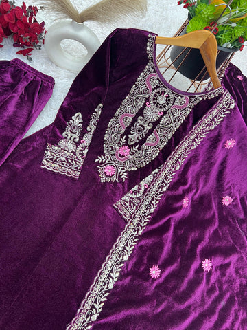 Glorious Purple Color Heavy Viscose Velvet With Heavy Embroidery Sequence Work Velvet Salwar Suit