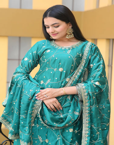 Demanding Aqua Green Color Chinon With Sequence Embroidery Work Designer Sharara Suit