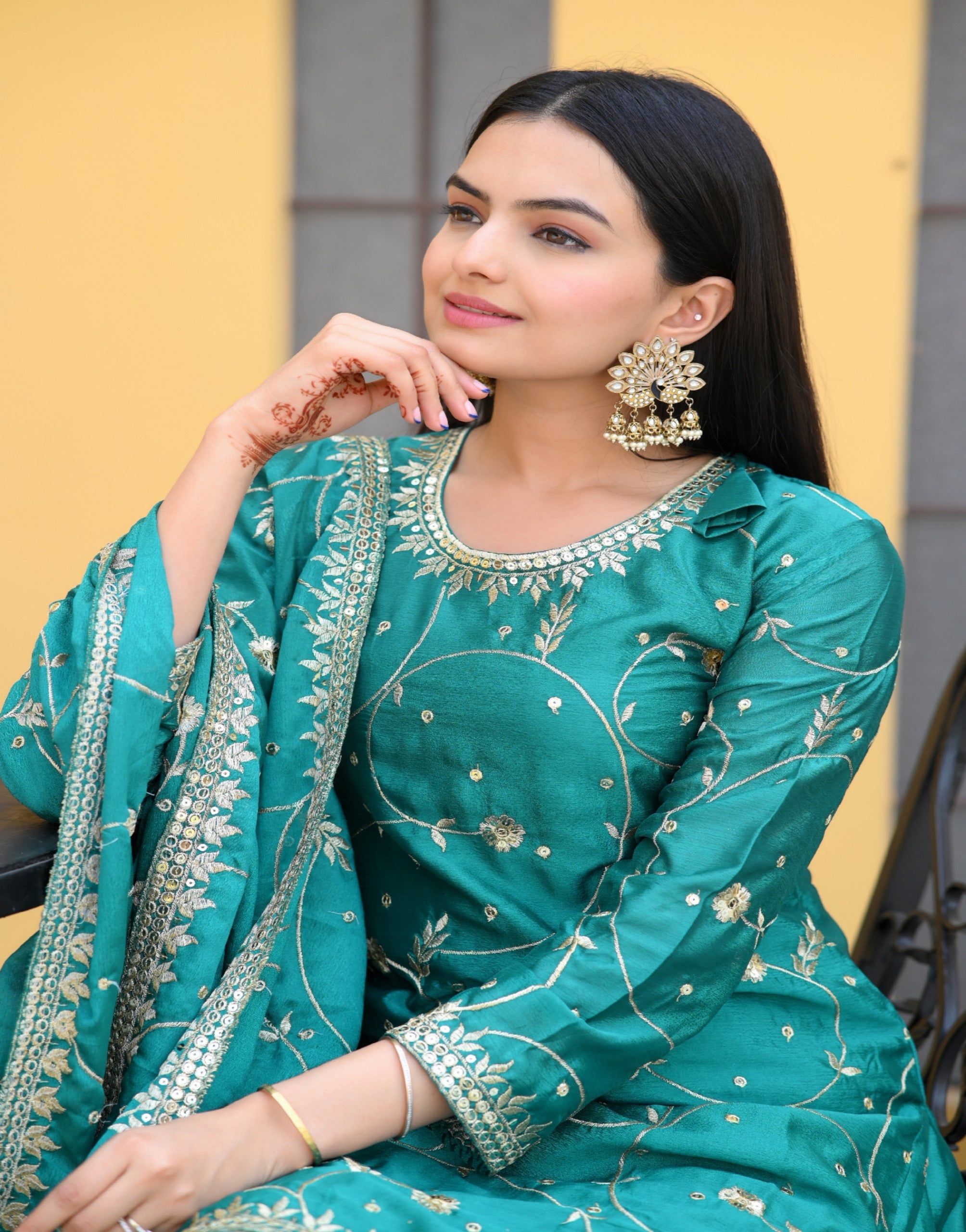 Demanding Aqua Green Color Chinon With Sequence Embroidery Work Designer Sharara Suit