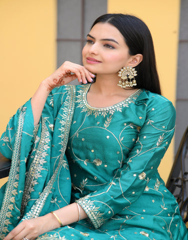 Demanding Aqua Green Color Chinon With Sequence Embroidery Work Designer Sharara Suit