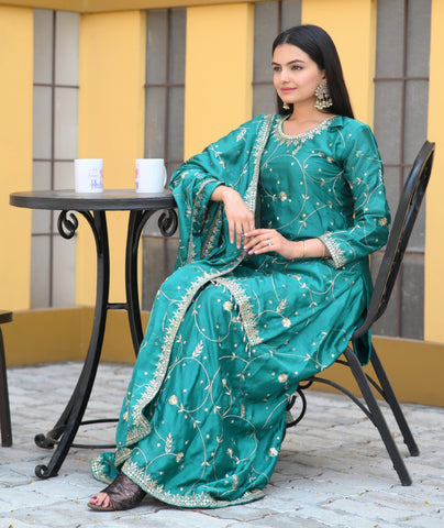 Demanding Aqua Green Color Chinon With Sequence Embroidery Work Designer Sharara Suit