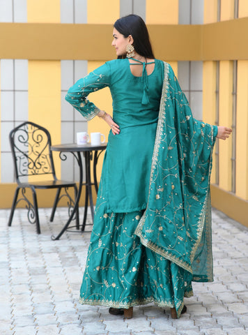 Demanding Aqua Green Color Chinon With Sequence Embroidery Work Designer Sharara Suit