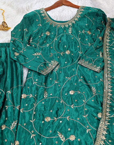 Demanding Aqua Green Color Chinon With Sequence Embroidery Work Designer Sharara Suit