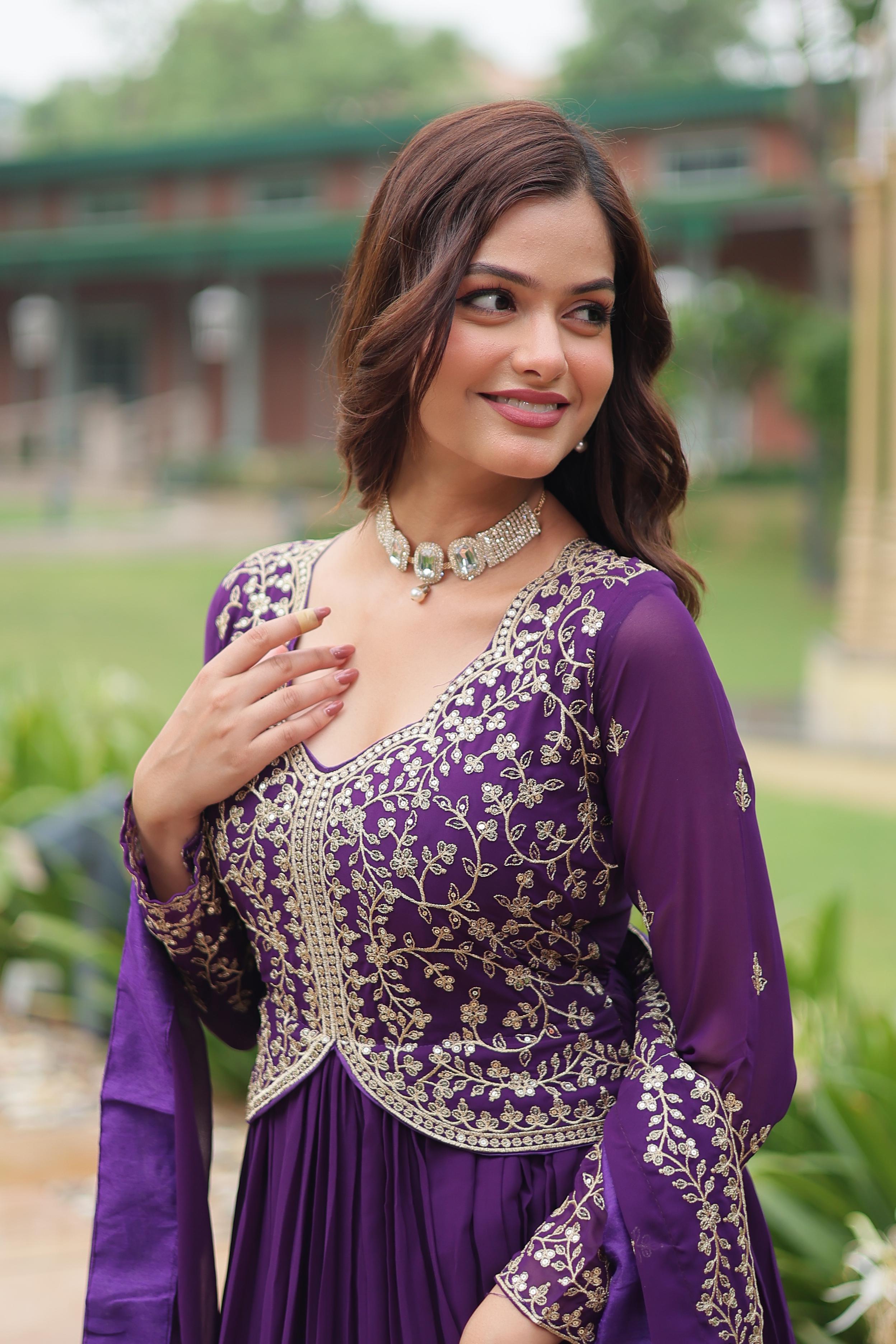 Function Wear Purple Color Faux Blooming With Sequins-Multi Zari Embroidered Work Beautiful Gown