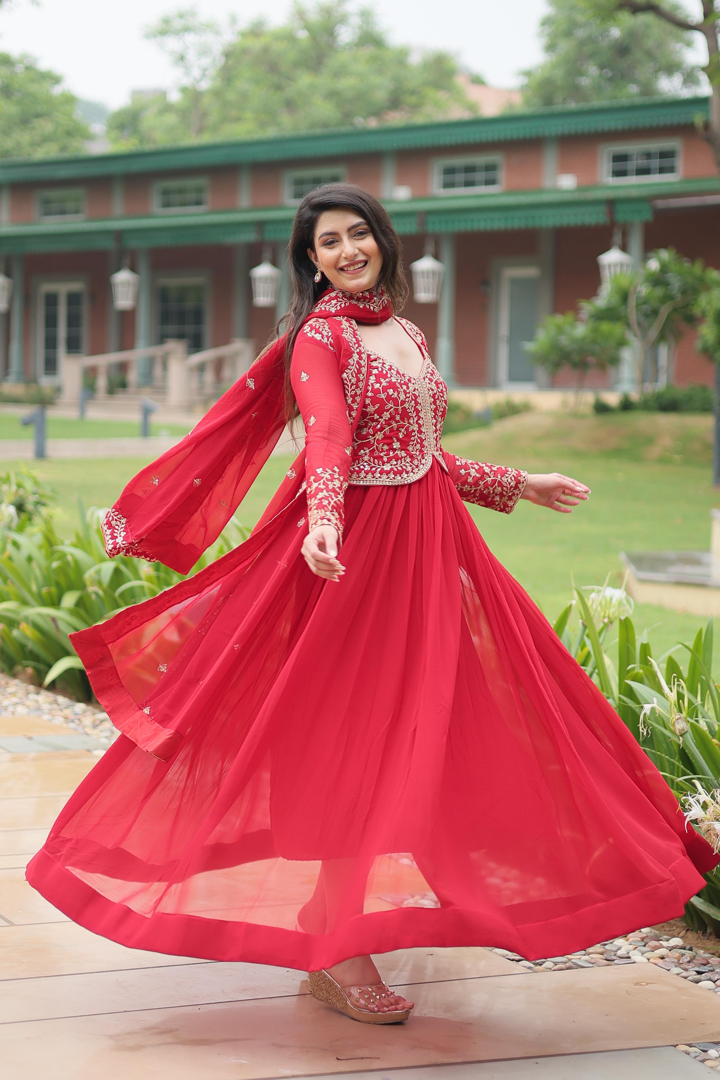 Function Wear Red Color Faux Blooming With Sequins-Multi Zari Embroidered Work Beautiful Gown