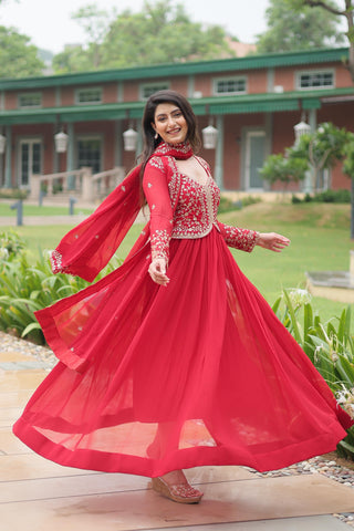 Function Wear Red Color Faux Blooming With Sequins-Multi Zari Embroidered Work Beautiful Gown