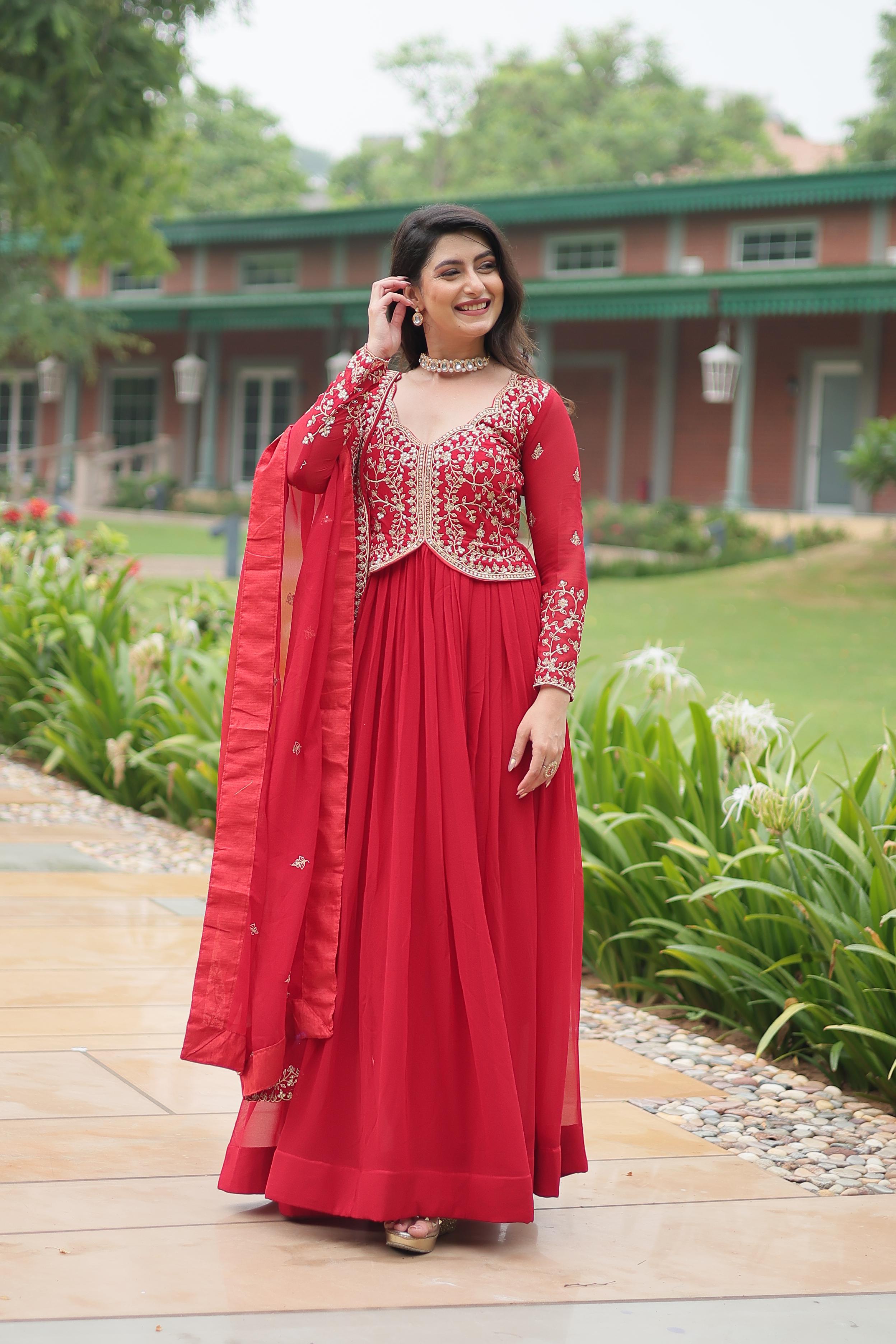 Function Wear Red Color Faux Blooming With Sequins-Multi Zari Embroidered Work Beautiful Gown