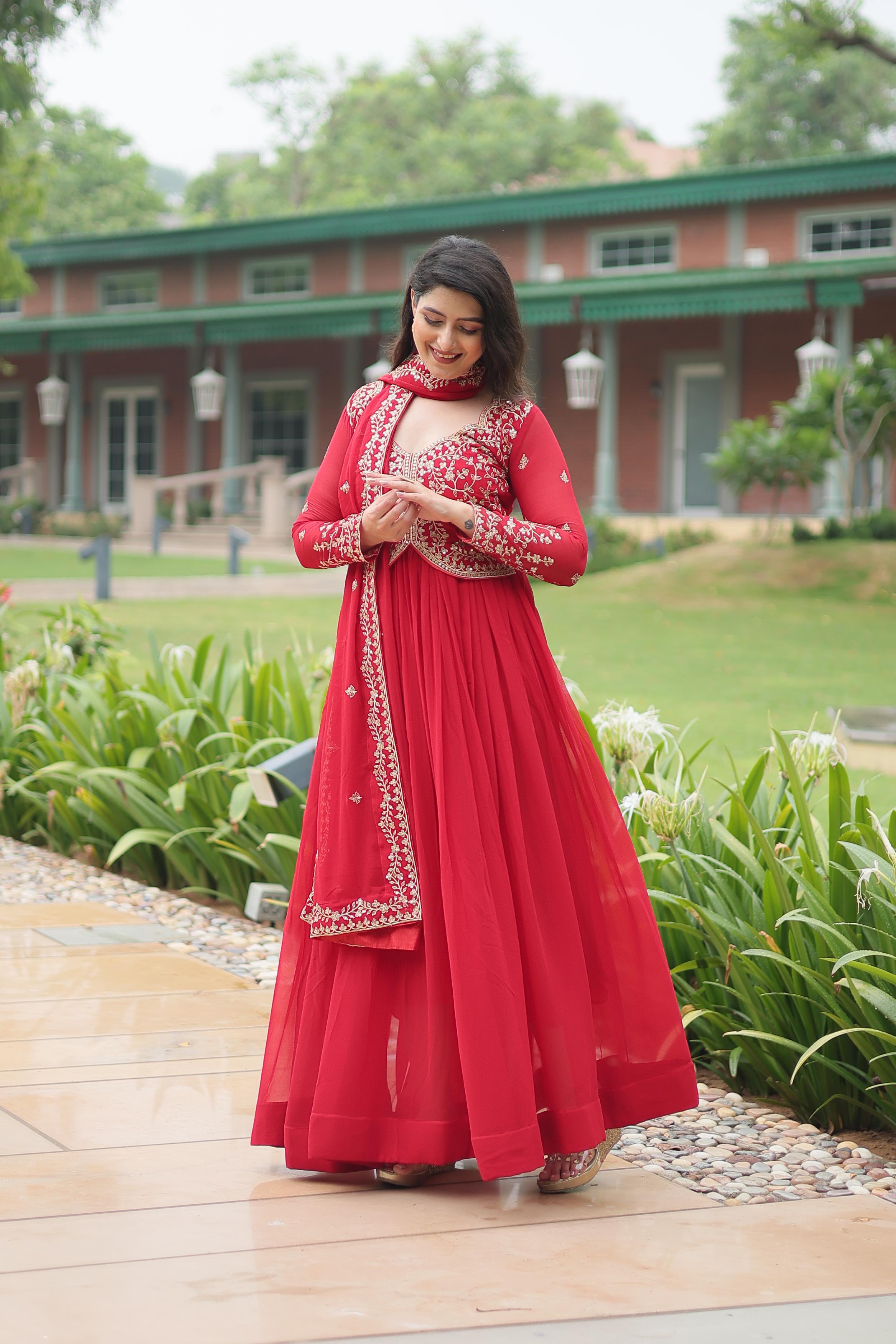 Function Wear Red Color Faux Blooming With Sequins-Multi Zari Embroidered Work Beautiful Gown