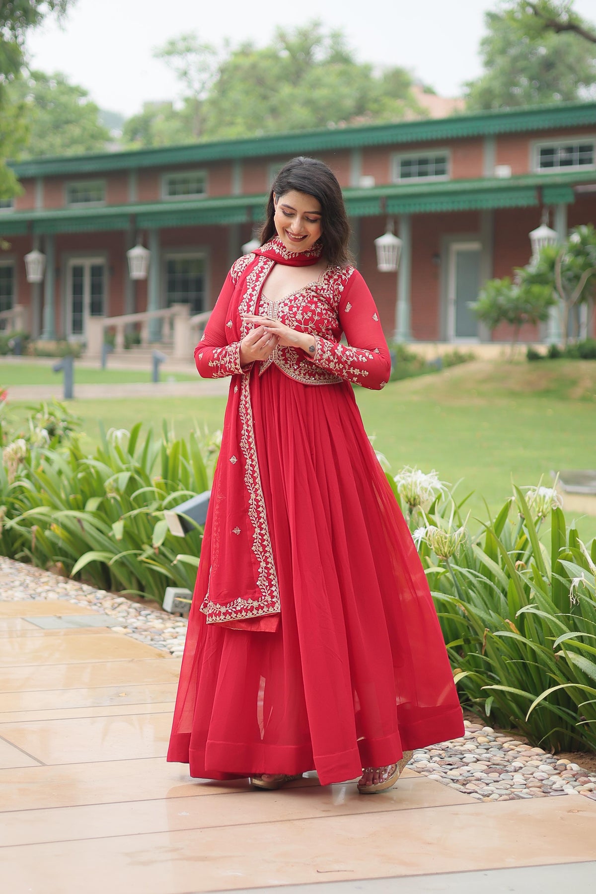 Function Wear Red Color Faux Blooming With Sequins-Multi Zari Embroidered Work Beautiful Gown