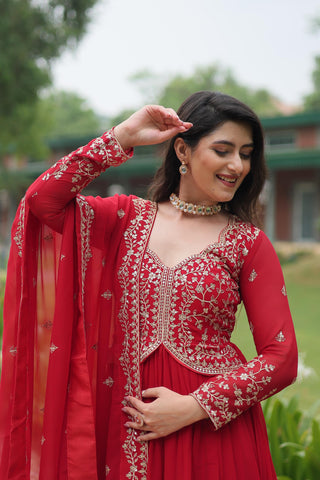 Function Wear Red Color Faux Blooming With Sequins-Multi Zari Embroidered Work Beautiful Gown