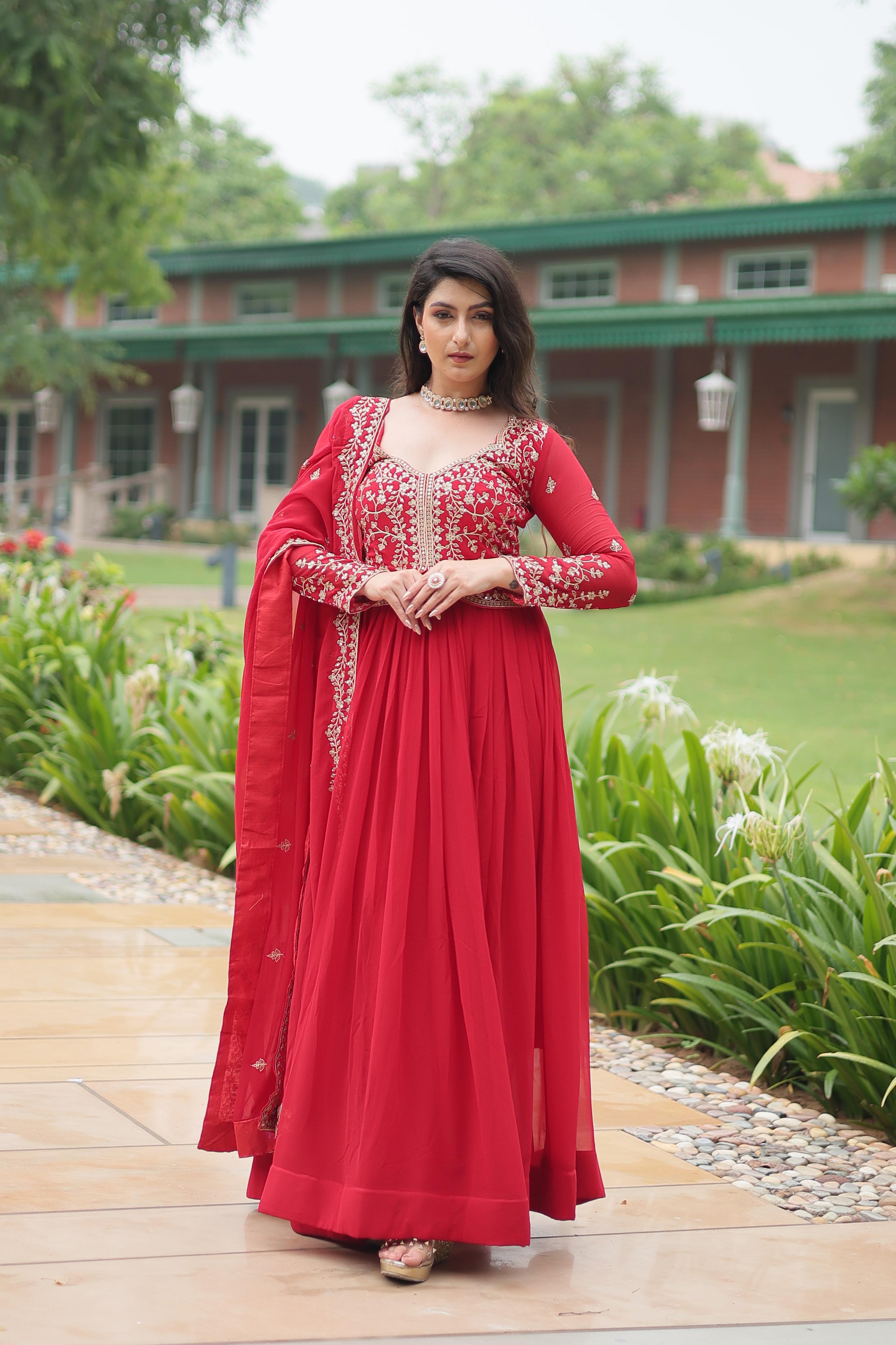 Function Wear Red Color Faux Blooming With Sequins-Multi Zari Embroidered Work Beautiful Gown