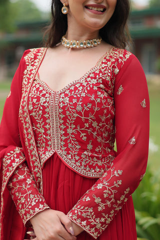 Function Wear Red Color Faux Blooming With Sequins-Multi Zari Embroidered Work Beautiful Gown