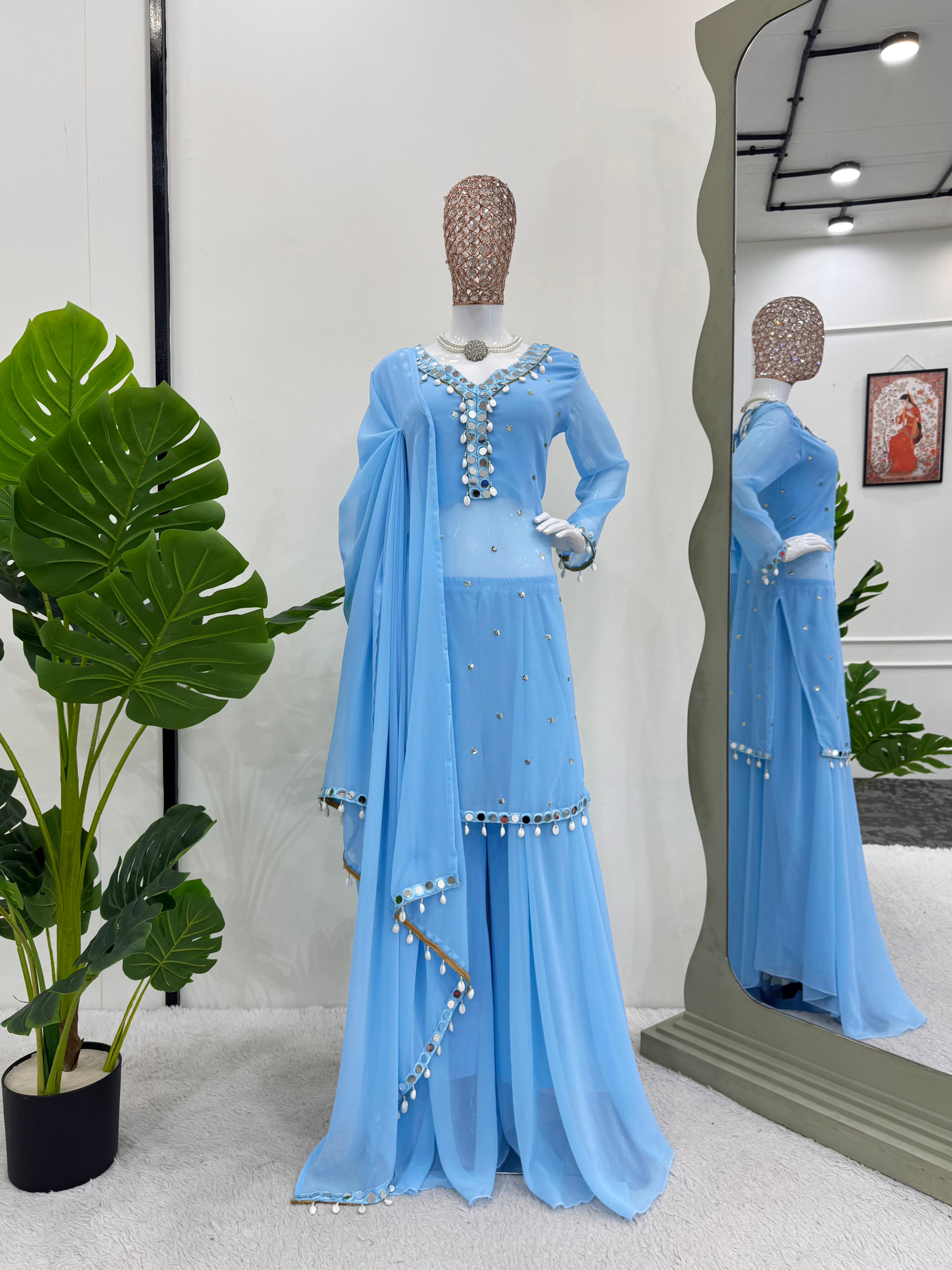 Fabulous Sky Blue Color Faux Georgette Thread With Sequence And Real Mirror Work Palazzo Suit