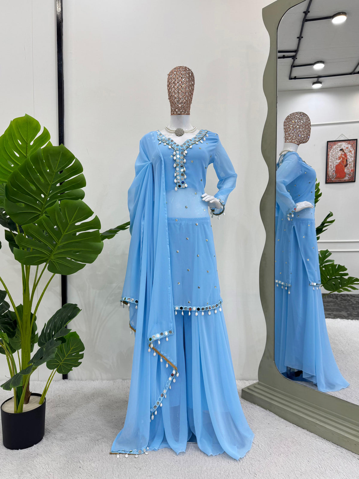 Fabulous Sky Blue Color Faux Georgette Thread With Sequence And Real Mirror Work Palazzo Suit