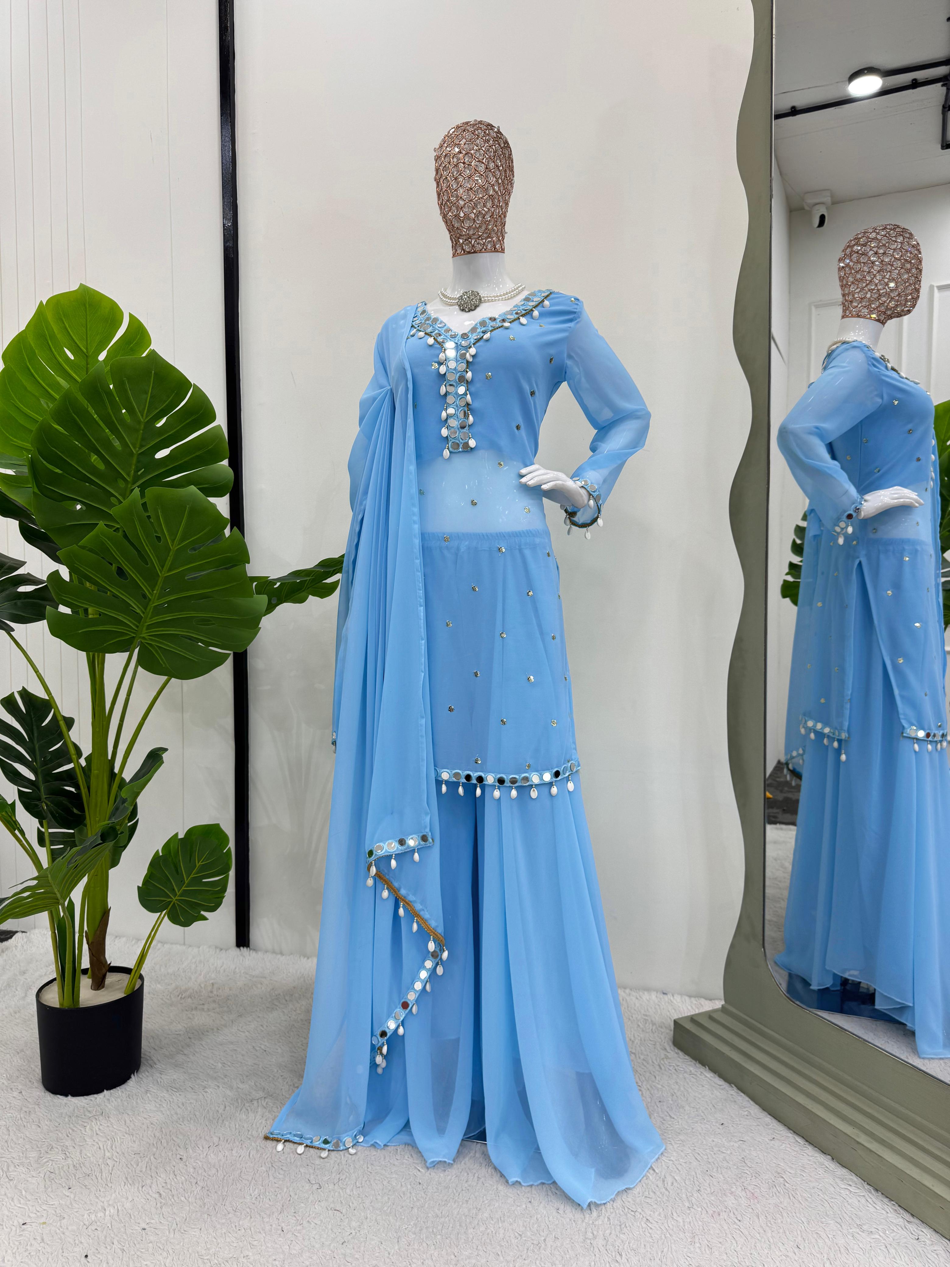 Fabulous Sky Blue Color Faux Georgette Thread With Sequence And Real Mirror Work Palazzo Suit