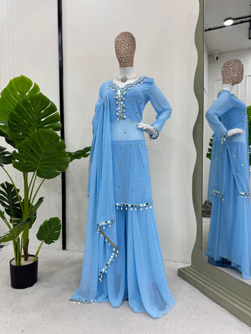 Fabulous Sky Blue Color Faux Georgette Thread With Sequence And Real Mirror Work Palazzo Suit
