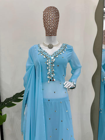 Fabulous Sky Blue Color Faux Georgette Thread With Sequence And Real Mirror Work Palazzo Suit