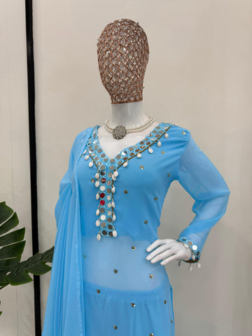 Fabulous Sky Blue Color Faux Georgette Thread With Sequence And Real Mirror Work Palazzo Suit