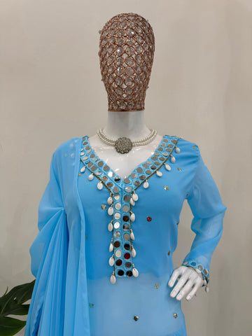 Fabulous Sky Blue Color Faux Georgette Thread With Sequence And Real Mirror Work Palazzo Suit