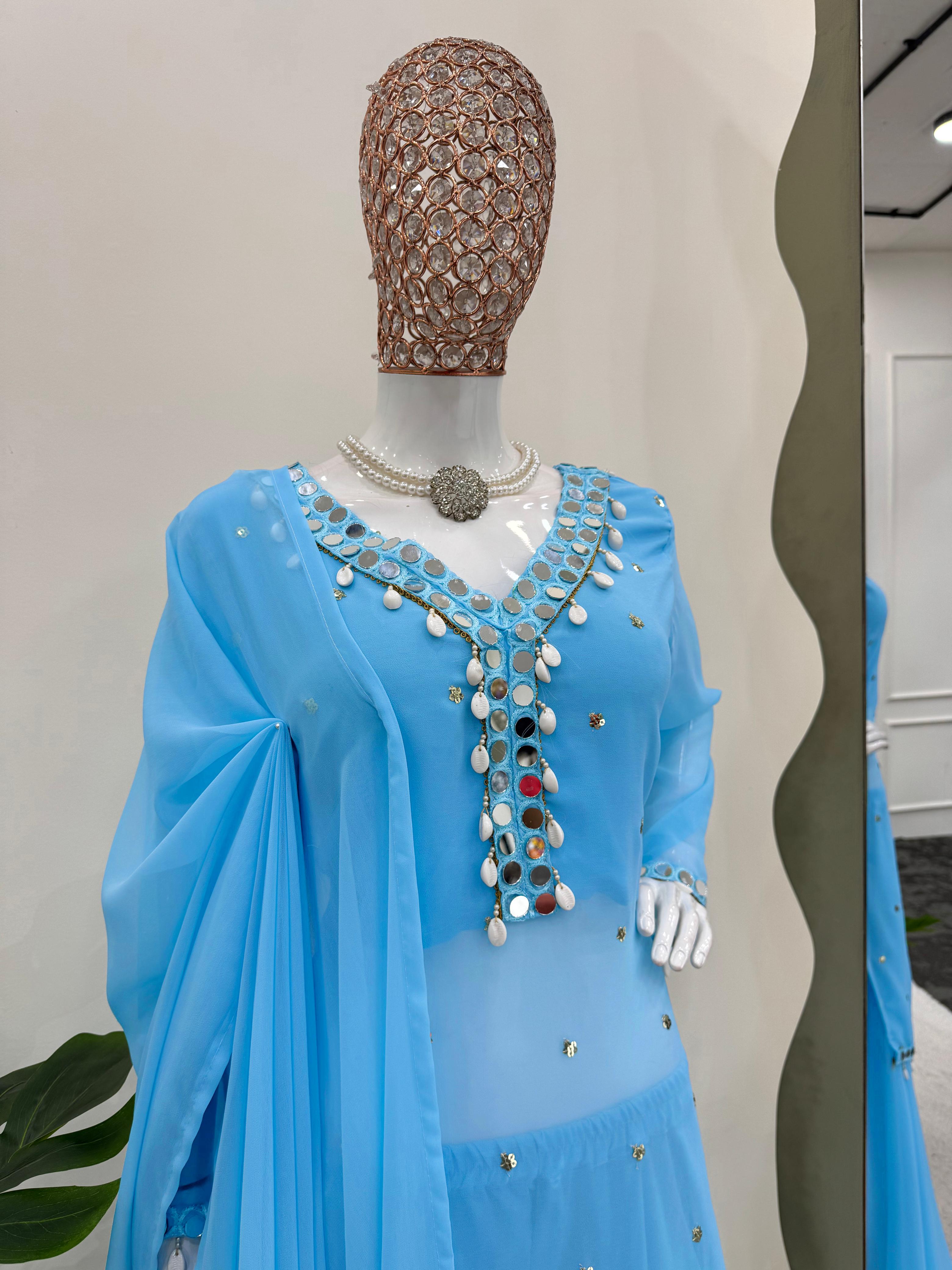 Fabulous Sky Blue Color Faux Georgette Thread With Sequence And Real Mirror Work Palazzo Suit