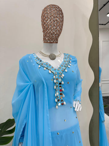 Fabulous Sky Blue Color Faux Georgette Thread With Sequence And Real Mirror Work Palazzo Suit