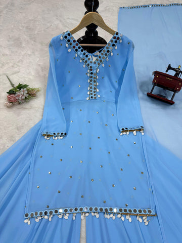 Fabulous Sky Blue Color Faux Georgette Thread With Sequence And Real Mirror Work Palazzo Suit