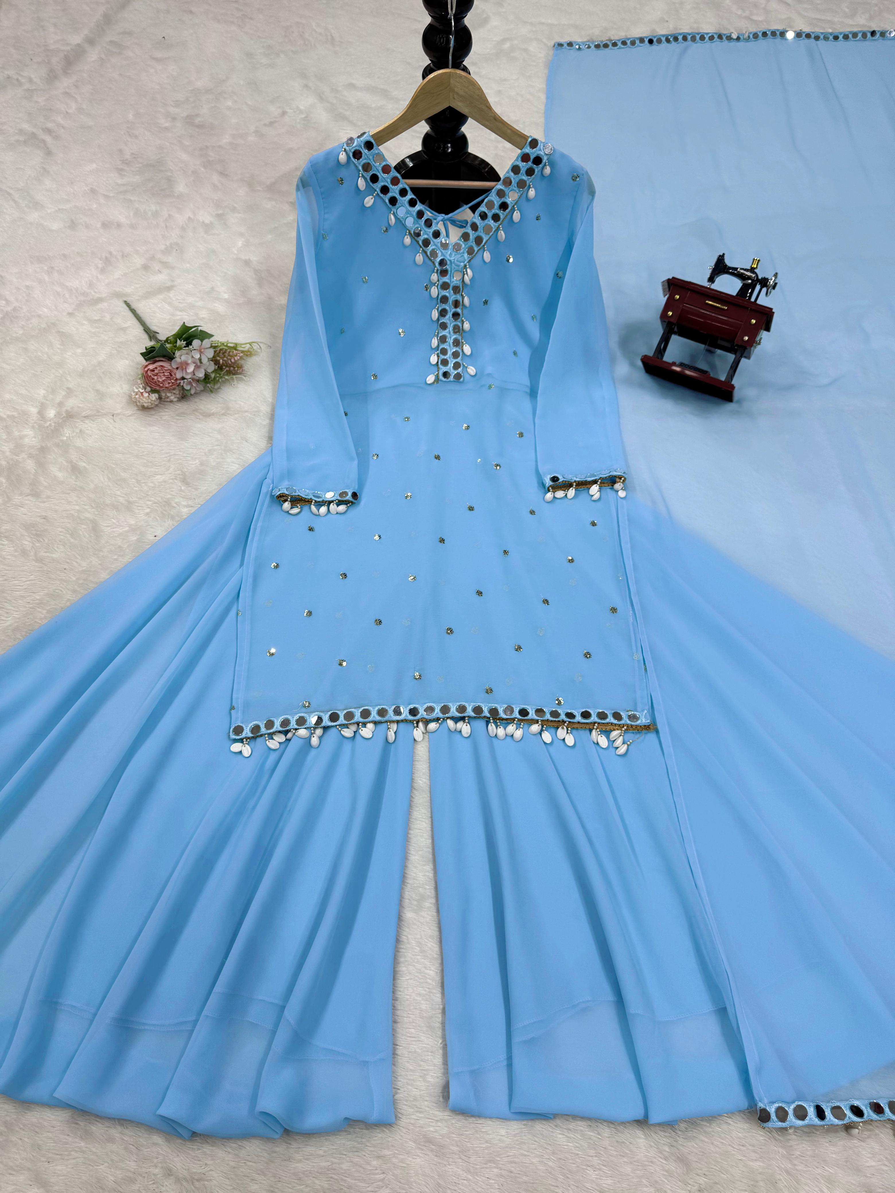 Fabulous Sky Blue Color Faux Georgette Thread With Sequence And Real Mirror Work Palazzo Suit