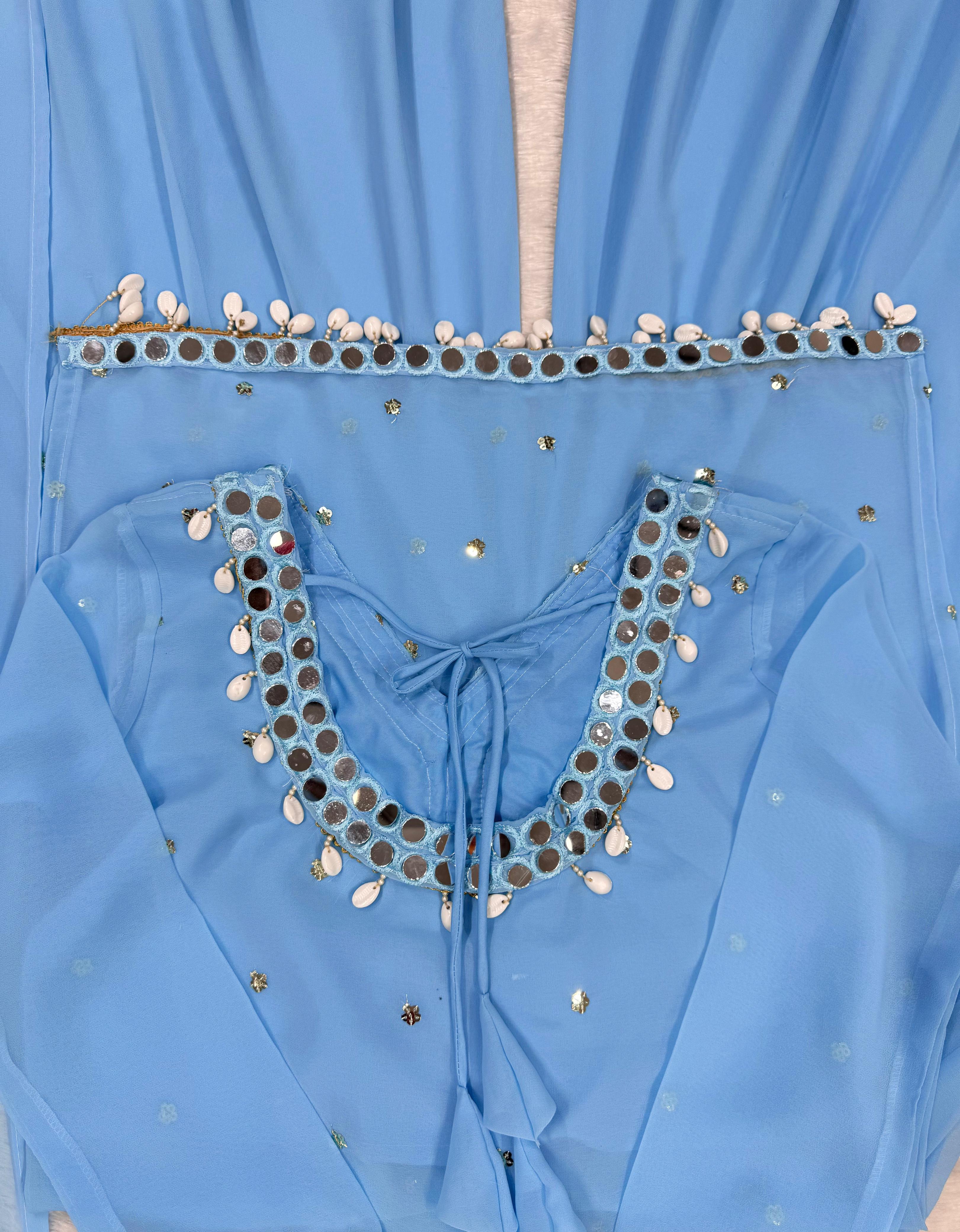 Fabulous Sky Blue Color Faux Georgette Thread With Sequence And Real Mirror Work Palazzo Suit